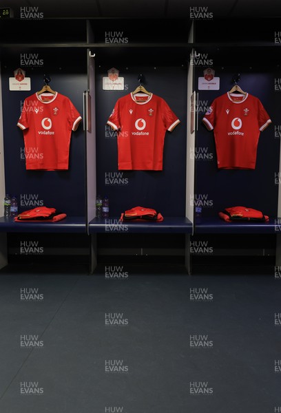 220325  Scotland v Wales, Guinness Women’s Six Nations 2025 - Match Shirts for Maisie Davies, Carys Phillips and Jenni Scoble hang inthe Wales changing room ahead of the match