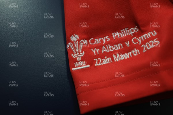 220325  Scotland v Wales, Guinness Women’s Six Nations 2025 - Carys Phillips’ match shirt hangs in the Wales changing room ahead of the match on the occasion of her 80th cap