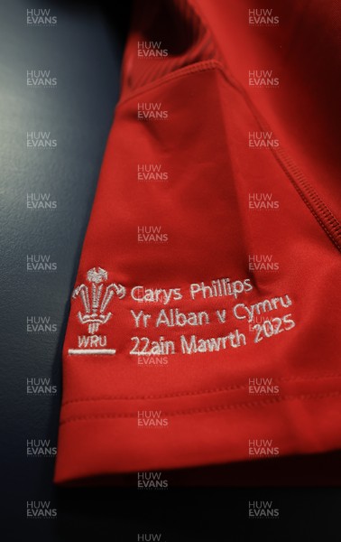 220325  Scotland v Wales, Guinness Women’s Six Nations 2025 - Carys Phillips’ match shirt hangs in the Wales changing room ahead of the match on the occasion of her 80th cap