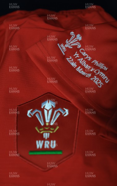 220325  Scotland v Wales, Guinness Women’s Six Nations 2025 - Carys Phillips’ match shirt hangs in the Wales changing room ahead of the match on the occasion of her 80th cap