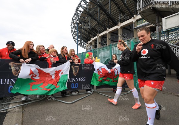 220325  Scotland v Wales, Guinness Women’s Six Nations 2025 - Wales Captain Hannah Jones and Carys Phillips of Wales make their way to the pitch past Wales fans