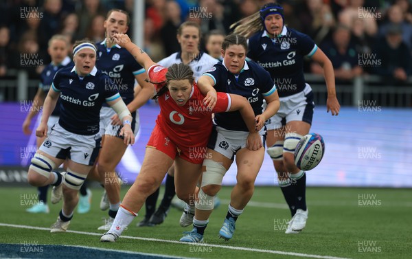 220325  Scotland v Wales, Guinness Women’s Six Nations 2025 - Maisie Davies of Wales looks to win the ball