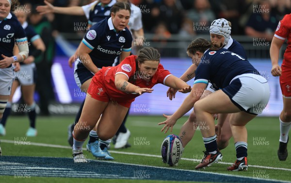 220325  Scotland v Wales, Guinness Women’s Six Nations 2025 - Maisie Davies of Wales looks to win the ball