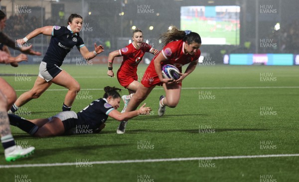 220325  Scotland v Wales, Guinness Women’s Six Nations 2025 - Kayleigh Powell of Wales is tackled short of the line