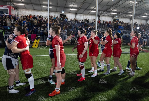 220325  Scotland v Wales, Guinness Women’s Six Nations 2025 - Wales and Scotland players congratulate each other at the end of the match