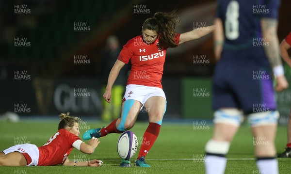 080319 - Scotland Women v Wales Women - Guinness 6 Nations Championship - Robyn Wilkins of Wales kicks a penalty
