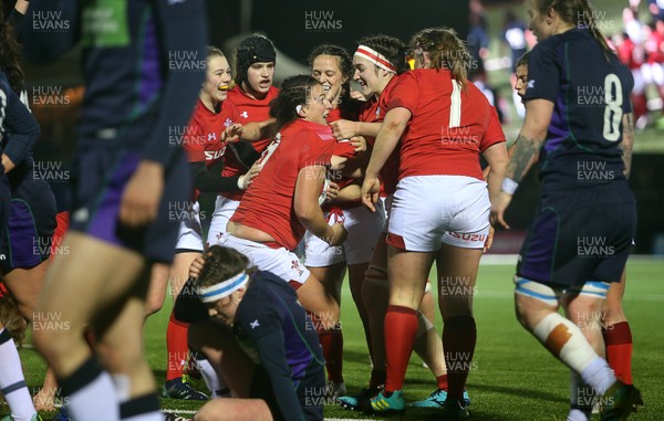 080319 - Scotland Women v Wales Women - Guinness 6 Nations Championship - Siwan Lillicrap of Wales celebrates with team mates after scoring a try in the last minute of the game