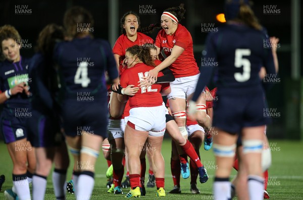 080319 - Scotland Women v Wales Women - Guinness 6 Nations Championship - Lleucu George of Wales celebrates with team after kicking the conversion to win the game
