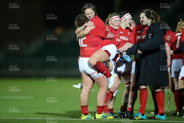 080319 - Scotland Women v Wales Women - Guinness 6 Nations Championship - Lleucu George of Wales celebrates with team after kicking the conversion to win the game