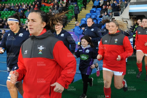 171119 - Scotland Women v Wales Women -  Wales captain Siwan Lillicrap leads her team out followed by Kelsey Jones
