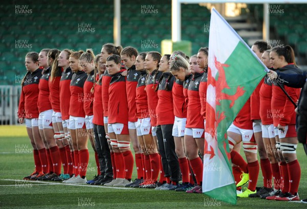 171119 - Scotland Women v Wales Women -  Wales line up for the national anthem