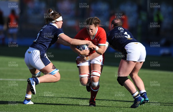 240421 - Scotland Women v Wales Women - Women's Six Nations - Natalie John of Wales takes on opposite number Louise McMillan and Megan Kennedy 