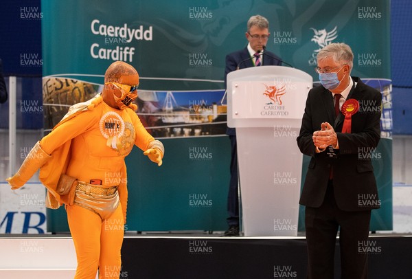 070521 - Picture shows Captain Beany and First Minister Mark Drakeford after winning Cardiff West during the Senedd elections in the House of Sport, Cardiff