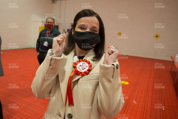 070521 - Welsh Senedd Elections - Labour's Elizabeth Buffy Williams celebrates after she wins the Rhondda seat from from former Plaid Cymru leader Leanne Wood, with 547% of the vote