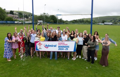 070625 - Senghenydd RFC Sirens - Senghenydd Sirens captain Shirey Webley with the trophy as the team celebrate winning the Admiral Women’s East League Title