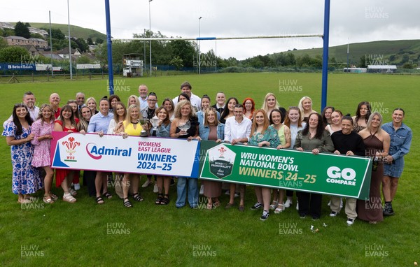 070625 - Senghenydd RFC Sirens - Senghenydd Sirens captain Shirey Webley with the trophy as the team celebrate winning the Admiral Women’s East League Title and the WRU Women’s National Bowl