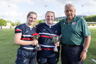 310526 - Senghenydd Sirens v Combined Llantwit Fardre ,Gwernyfed and Porthcawl team, Worthington Mid District Womens Championship Presidents Cup Final - Senghenydd Sirens captains Kacey Morket and Elin Jenkins are presented with the Mid District Womens Championship Trophy and The Presidents Cup  from Ray Wilton