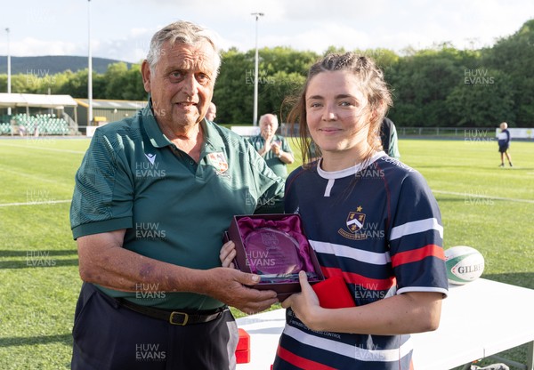 310526 - Senghenydd Sirens v Combined Llantwit Fardre ,Gwernyfed and Porthcawl team, Worthington Mid District Womens Championship Presidents Cup Final - Imogen Shide receives player of the match from Ray Wilton