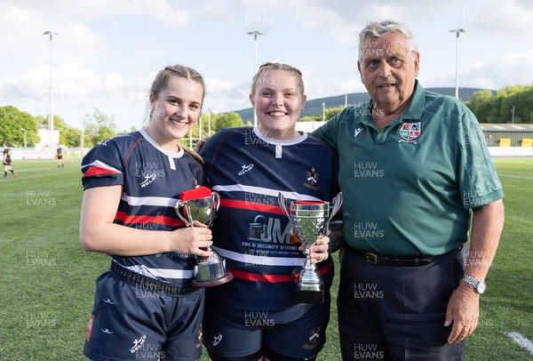 310526 - Senghenydd Sirens v Combined Llantwit Fardre ,Gwernyfed and Porthcawl team, Worthington Mid District Womens Championship Presidents Cup Final - Senghenydd Sirens captains Kacey Morket and Elin Jenkins are presented with the Mid District Womens Championship Trophy and The Presidents Cup  from Ray Wilton