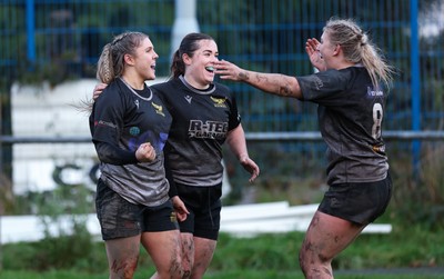 301125 - Senghenydd Sirens v West Swansea Hawks, Womens’ National League - Molly Anderson-Thomas of West Swansea Hawks, left, celebrates after she scores try