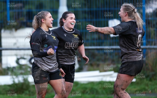 301125 - Senghenydd Sirens v West Swansea Hawks, Womens’ National League - Molly Anderson-Thomas of West Swansea Hawks, left, celebrates after she scores try