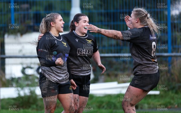 301125 - Senghenydd Sirens v West Swansea Hawks, Womens’ National League - Molly Anderson-Thomas of West Swansea Hawks, left, celebrates after she scores try
