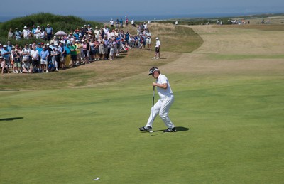 250714 -  The Senior Open Championship, Royal Porthcawl Golf Club, Wales - Bernhard Langer reacts as he just misses his putt on the 13th during the second round of matches