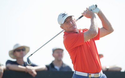 250714 -  The Senior Open Championship, Royal Porthcawl Golf Club, Wales - England's Chris Williams tees off during the second round on his way to a score of 4 under par