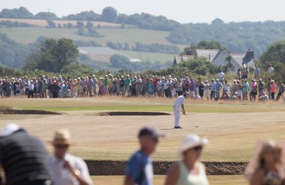 250714 -  The Senior Open Championship, Royal Porthcawl Golf Club, Wales - Bernhard Langer plays onto the green during his second round match and on his way to a score of 11 under par