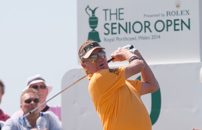 250714 -  The Senior Open Championship, Royal Porthcawl Golf Club, Wales - Miguel Angel Jimenez tees off on the 10th during the second round of matches