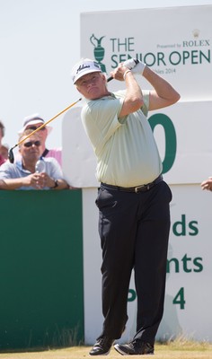 250714 -  The Senior Open Championship, Royal Porthcawl Golf Club, Wales - Mark Wiebe tees off on the 10th during the second round of matches