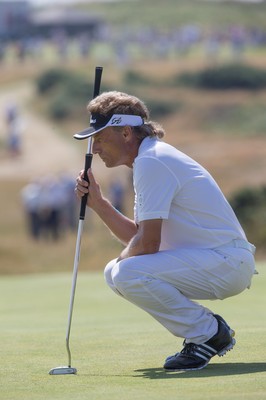 250714 -  The Senior Open Championship, Royal Porthcawl Golf Club, Wales - Bernhard Langer concentrates on his putt during the second round of matches