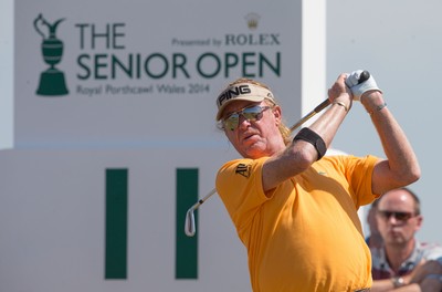 250714 -  The Senior Open Championship, Royal Porthcawl Golf Club, Wales - Miguel Angel Jimenez tees off at the 11th during the second round of matches