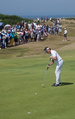 250714 -  The Senior Open Championship, Royal Porthcawl Golf Club, Wales - Bernhard Langer just misses his putt on the 13th during the second round of matches