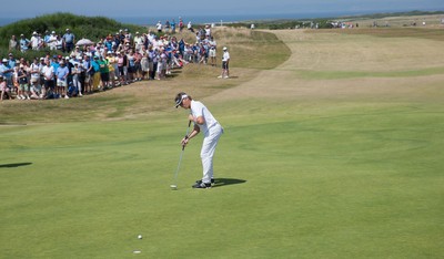 250714 -  The Senior Open Championship, Royal Porthcawl Golf Club, Wales - Bernhard Langer just misses his putt on the 13th during the second round of matches