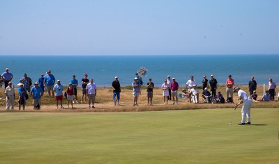 250714 -  The Senior Open Championship, Royal Porthcawl Golf Club, Wales - Bernhard Langer putts on the 14th during the second round of matches