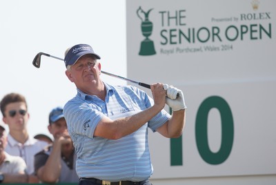 250714 -  The Senior Open Championship, Royal Porthcawl Golf Club, Wales - Colin Montgomerie tees off on the 10th