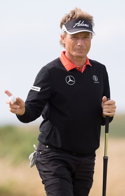 270714 -  The Senior Open Championship, Royal Porthcawl Golf Club, Wales - Bernhard Langer acknowledges the crowd after putting on the 7th during the final round of the Senior Open at Royal Porthcawl Golf Club