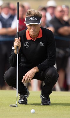 270714 -  The Senior Open Championship, Royal Porthcawl Golf Club, Wales - Bernhard Langer lines up his putt on the 9th during the final round of the Senior Open at Royal Porthcawl Golf Club