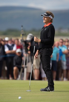 270714 -  The Senior Open Championship, Royal Porthcawl Golf Club, Wales - Bernhard Langer reacts after missing a putt on the 9th during the final round of the Senior Open at Royal Porthcawl Golf Club