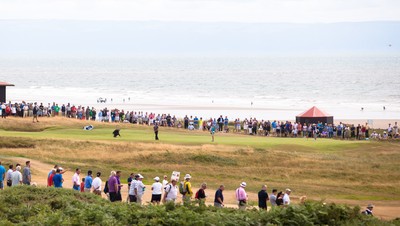 270714 -  The Senior Open Championship, Royal Porthcawl Golf Club, Wales - Crowds watch Bernhard Langer on the 1st green during the final round of the Senior Open at Royal Porthcawl Golf Club