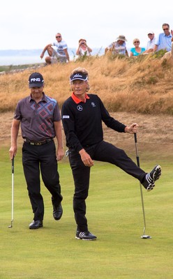 270714 -  The Senior Open Championship, Royal Porthcawl Golf Club, Wales - Bernhard Langer reacts after he misses a putt on the 6th during the final round of the Senior Open at Royal Porthcawl Golf Club