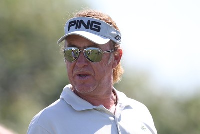 220714 -  The Senior Open Pro Am Competition, Royal Porthcawl Golf Club, Wales - Miguel Angle Jimenez waits to tee off at the first in the Pro Am Competition 