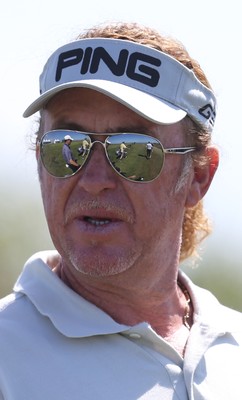 220714 -  The Senior Open Pro Am Competition, Royal Porthcawl Golf Club, Wales - Miguel Angle Jimenez waits to tee off at the first in the Pro Am Competition 