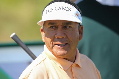 220714 -  The Senior Open Pro Am Competition, Royal Porthcawl Golf Club, Wales - Esteban Toledo from Mexico waits to tee off at the first during the Pro Am Tournament ahead of the Senior Open 2014 