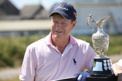 220714 -  The Senior Open Pro Am Competition, Royal Porthcawl Golf Club, Wales - Tom Watson of the USA with the Senior Open Trophy at the start of the Pro Am Tournament 