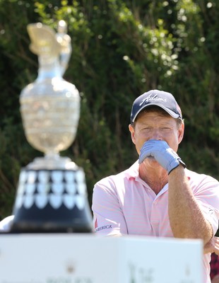 220714 -  The Senior Open Pro Am Competition, Royal Porthcawl Golf Club, Wales - Tom Watson of the USA with the Senior Open Trophy at the start of the Pro Am Tournament 