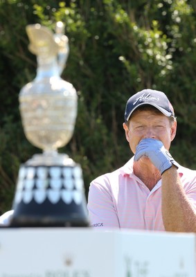 220714 -  The Senior Open Pro Am Competition, Royal Porthcawl Golf Club, Wales - Tom Watson of the USA with the Senior Open Trophy at the start of the Pro Am Tournament 