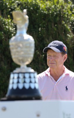 220714 -  The Senior Open Pro Am Competition, Royal Porthcawl Golf Club, Wales - Tom Watson of the USA with the Senior Open Trophy at the start of the Pro Am Tournament 