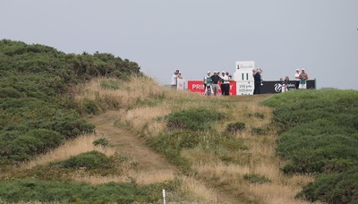 220714 -  The Senior Open Pro Am Competition, Royal Porthcawl Golf Club, Wales - Colin Montgomerie tees off during the Pro Am Tournament played ahead of the start of the Senior Open 2014 